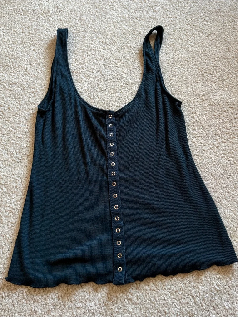 Free people Black Ribbed Tank Top with Front Eyelet Buttons
